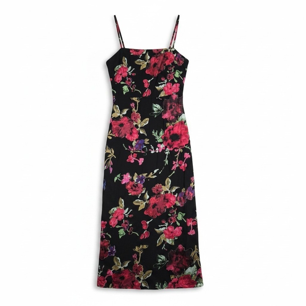 Lulus Floral Midi Dress S Black Red Burnout Velvet Whimsygoth 90s Vampire Slit